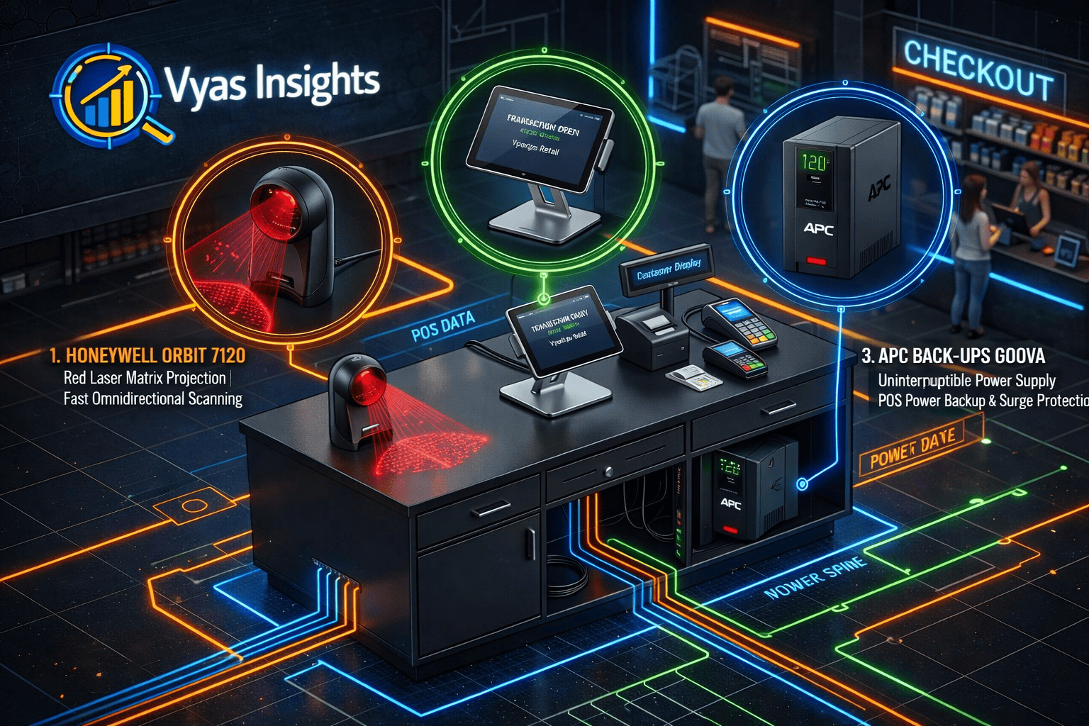 A vibrant 3D isometric blueprint of a retail checkout counter featuring a Honeywell Orbit 7120 omnidirectional scanner, a Precision Metal Works anti-theft tablet stand, and an APC Back-UPS BX600C-IN tower, connected by glowing neon data lines.