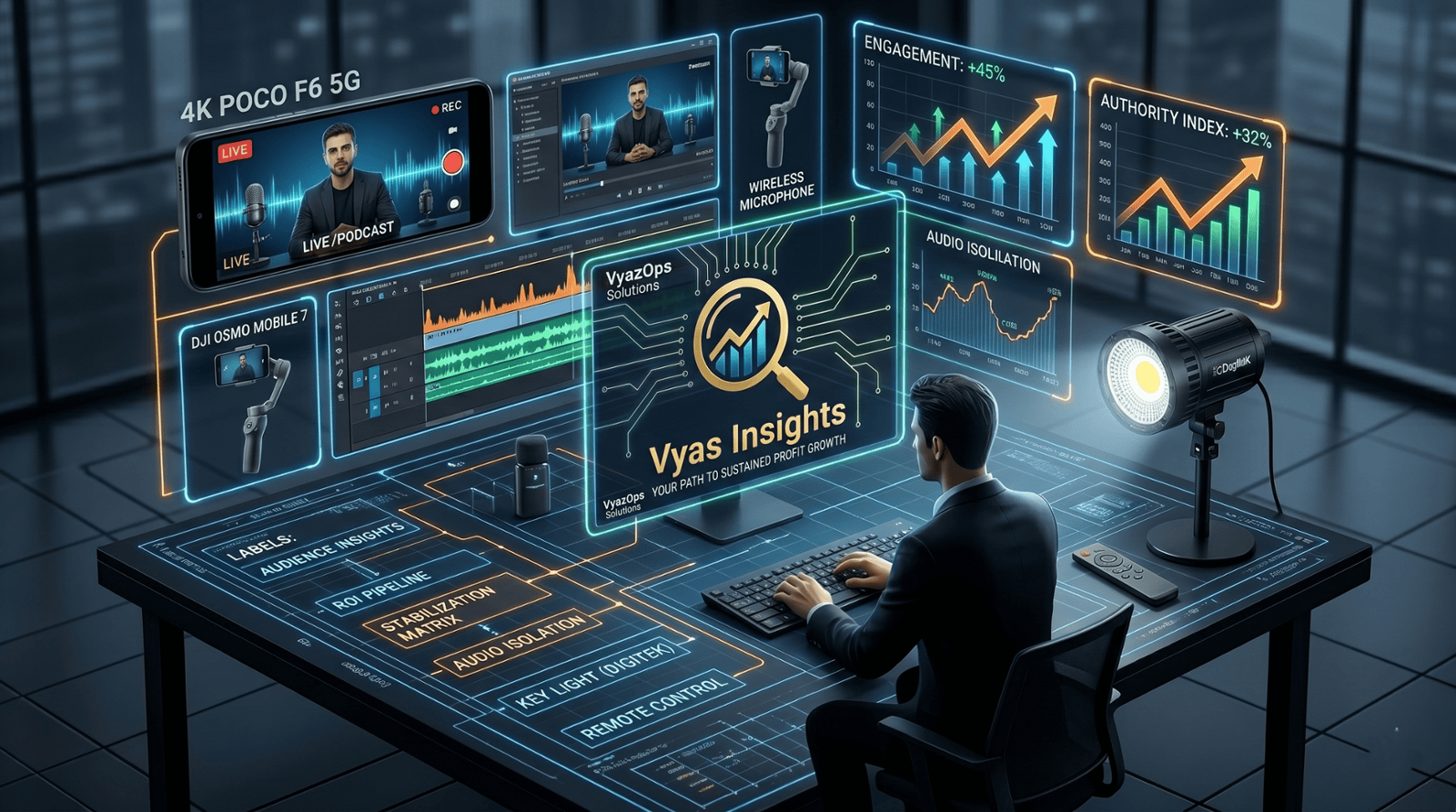 A sophisticated 3D isometric illustration of an executive digital studio command center where a professional leader is illuminated by an active Digitek Lite DCL-150WBC continuous LED light with professional softbox. Multiple glowing holographic screens and data lines show a smartphone recording 4K video, an advanced video editing timeline, performance analytics charts with metrics (+45% ENGAGEMENT), and the locked-down Vyas Insights branding matrix (image_56.png structure), demonstrating high-impact content authority on a dark technical surface.
