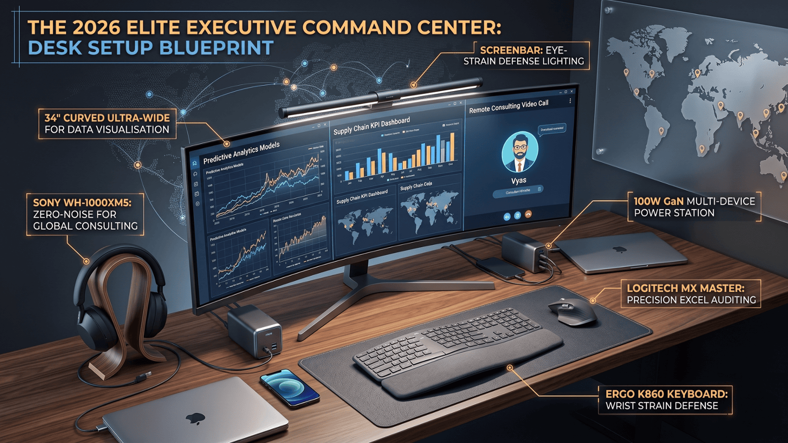 The ultimate 2026 professional desk setup featuring a 34-inch curved ultra-wide monitor, premium noise-canceling headphones, a 100W multi-device GaN power station, and precision ergonomic input tools for high-stakes consulting.