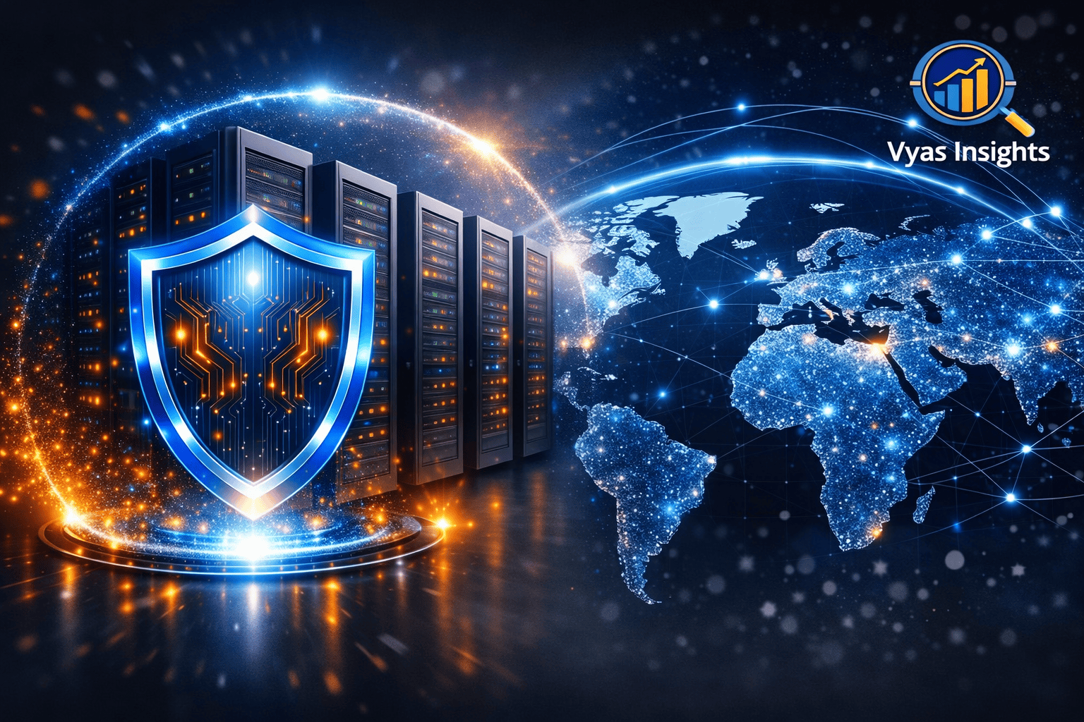 Vyas Insights graphic illustrating sovereign cloud data infrastructure and digital tech sovereignty with a secure shield protecting regional enterprise servers connected to a global network map.