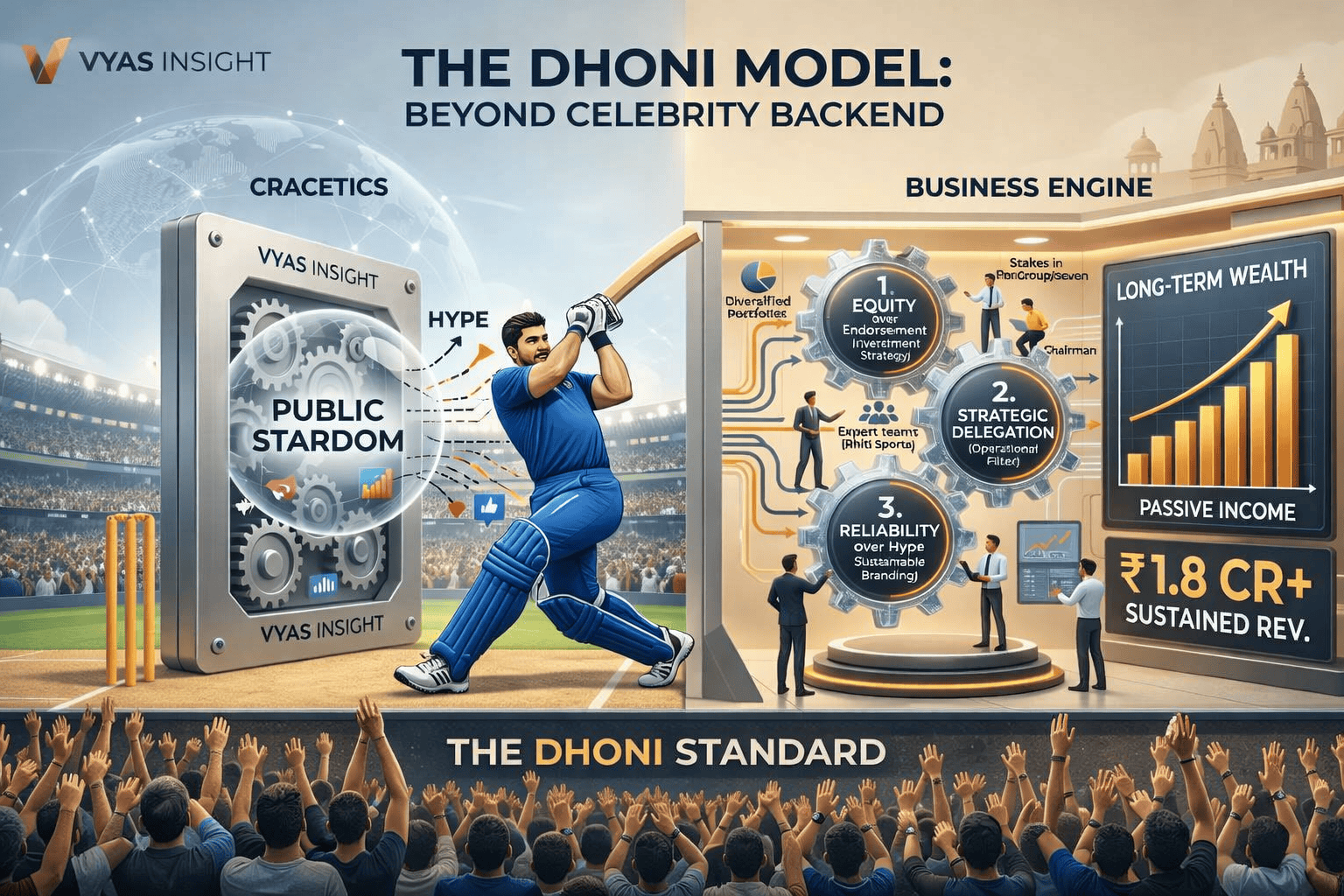 A split-screen 3D visual comparing a legendary cricket player's stadium performance with a sophisticated business engine. The left side shows a roaring crowd and a helicopter shot, while the right side displays glowing gears labeled SOPs, Equity, and Passive Assets, alongside a global revenue dashboard of ₹1.8 Cr+