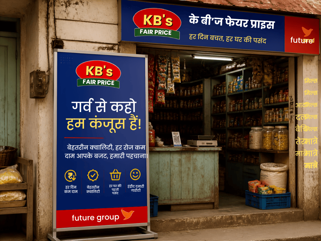Vintage-style retail sign for KB's Fair Price (Future Group) featuring the Hindi slogan 'Garv Se Kaho, Hum Kanjoos Hain', representing a retail frugality and ownership mindset.