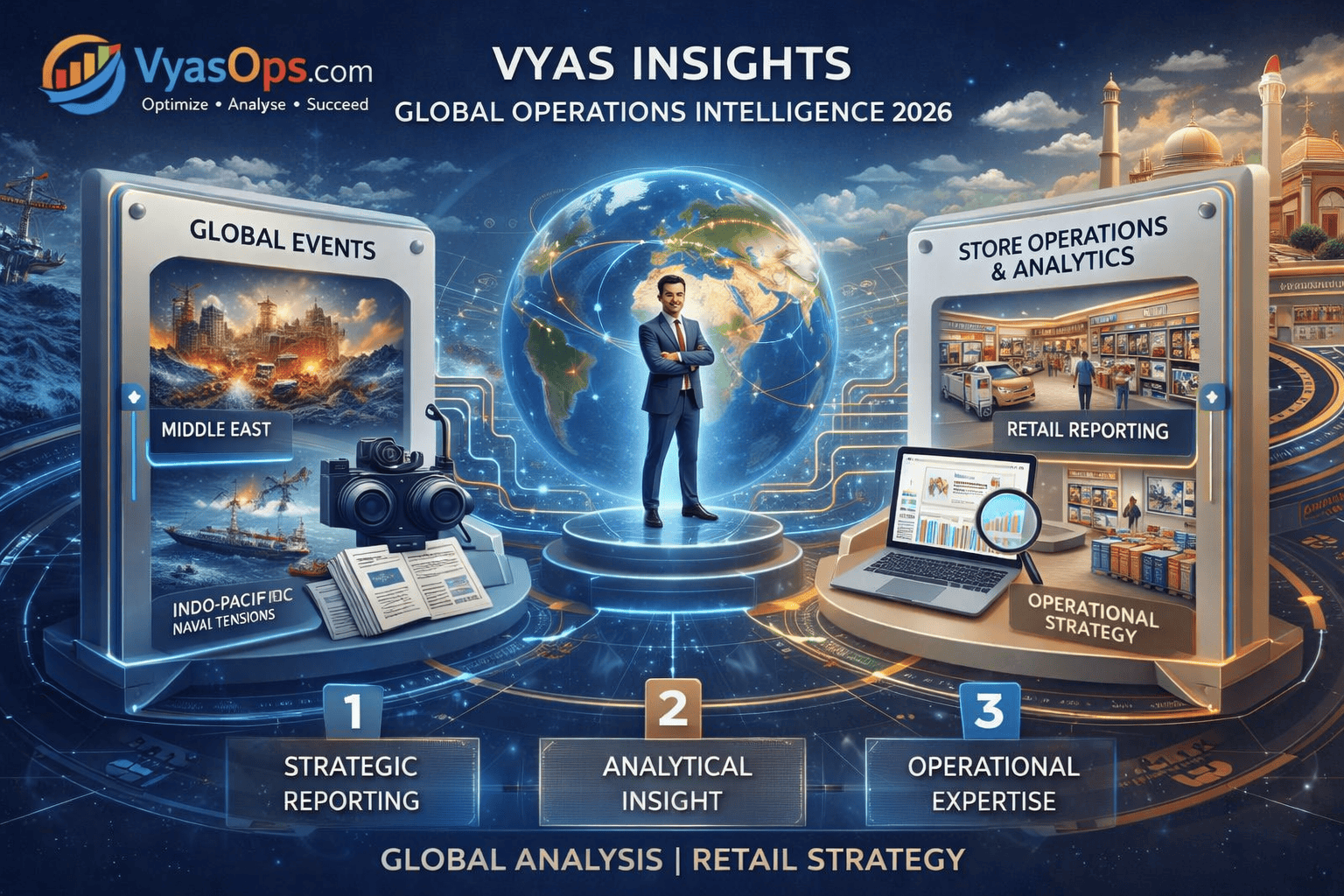 A futuristic Vyas Insights strategic dashboard illustrating global business intelligence, featuring a digital globe, an executive figure, and interconnected data panels highlighting retail store operations, strategic reporting, analytical insight, and operational expertise.