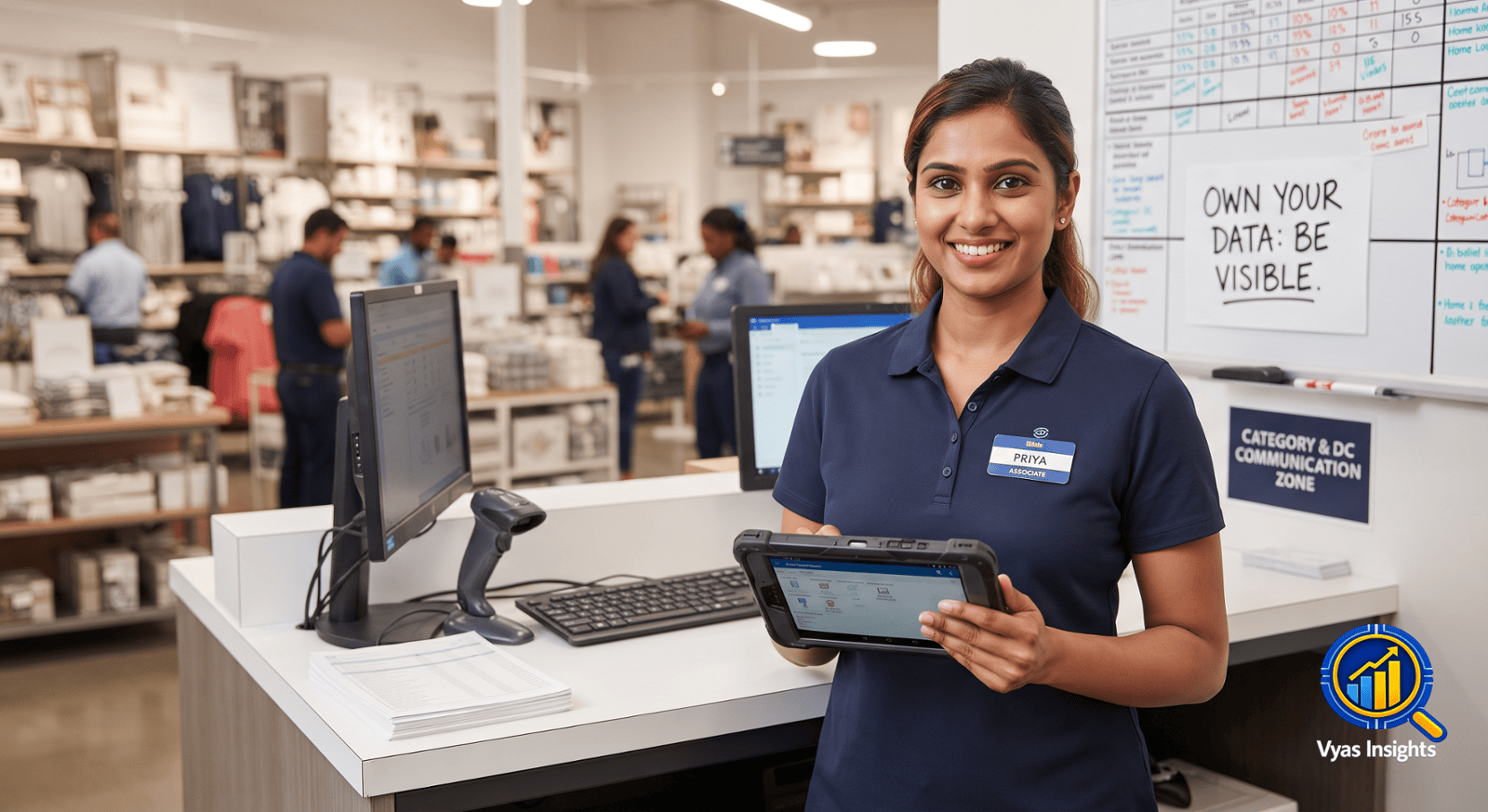 Confident retail store associate named Priya holding a tablet at a workstation, representing frontline employee visibility and ownership in retail operations.