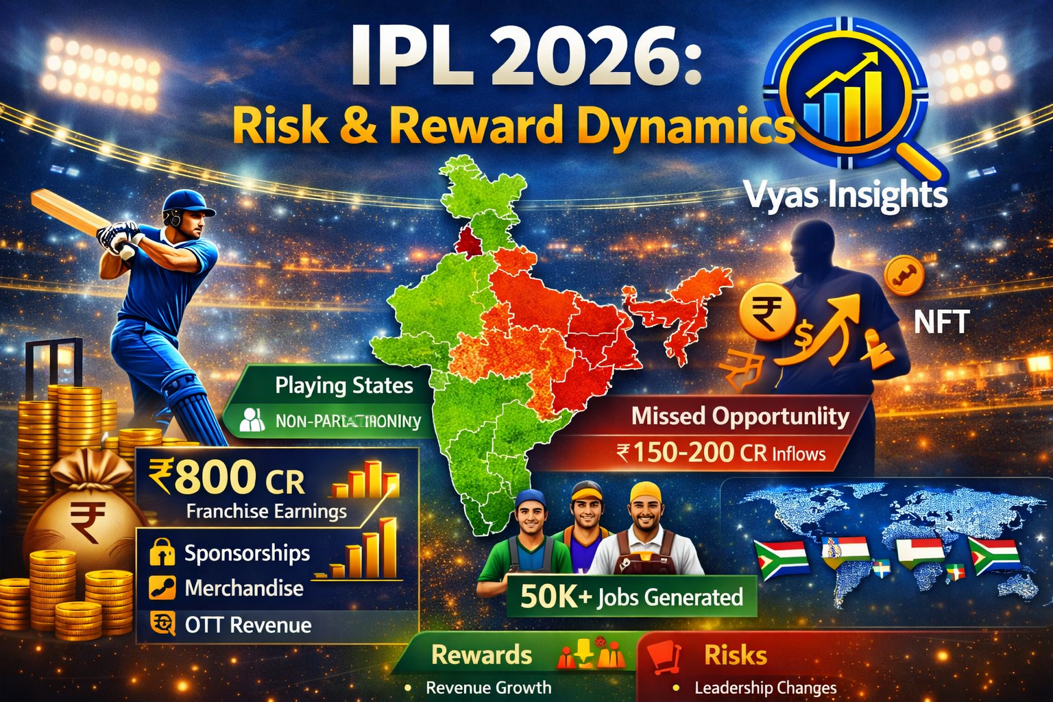 Infographic showing IPL 2026 risk‑reward analysis with captaincy changes, franchise earnings, jobs, state map, and global influence