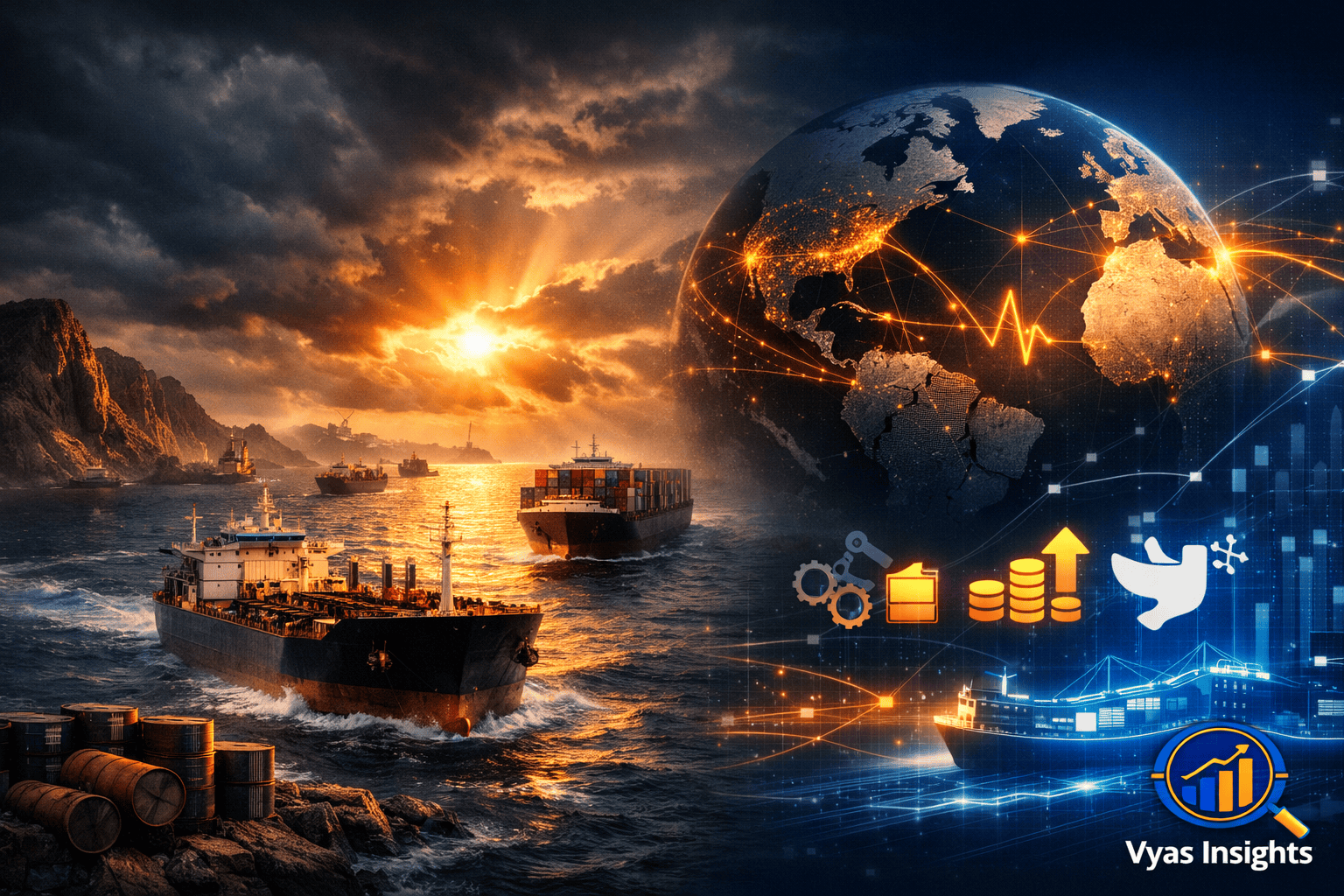 Vyas Insights graphic illustrating the Strait of Hormuz maritime crisis with commercial oil tankers navigating a narrow shipping chokepoint under a dramatic sky transitioning into a digital global supply chain data map.
