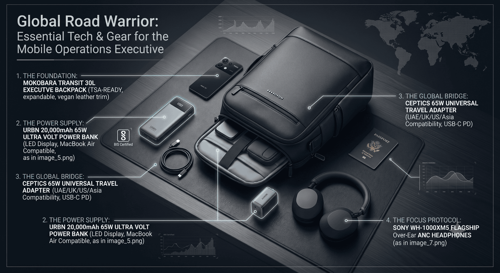 The 2026 Elite Executive Global Road Warrior Travel Tech and EDC Blueprint including Mokobara Transit backpack, URBN 65W power bank, Ceptics universal adapter, and Sony WH-1000XM5 headphones displayed on a premium leather desk mat.